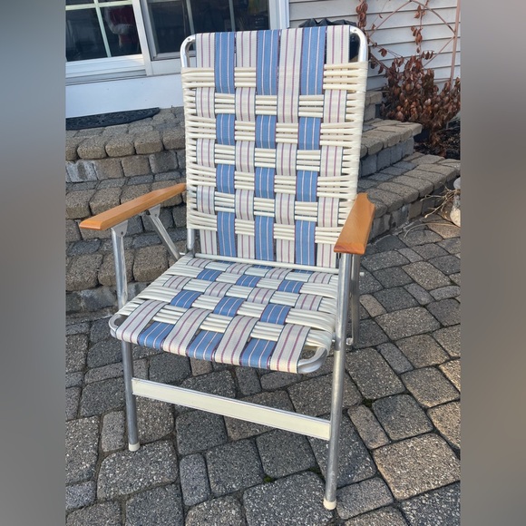 Vintage Aluminum Folding Chair Webbed & Jelly Tube Lawn Chair Wood Armrest Rare